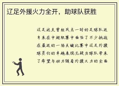 辽足外援火力全开,助球队获胜