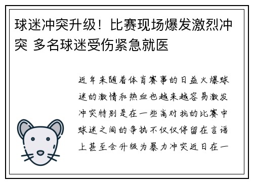 球迷冲突升级！比赛现场爆发激烈冲突 多名球迷受伤紧急就医