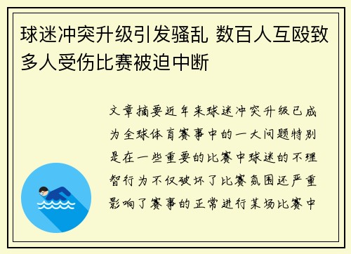 球迷冲突升级引发骚乱 数百人互殴致多人受伤比赛被迫中断