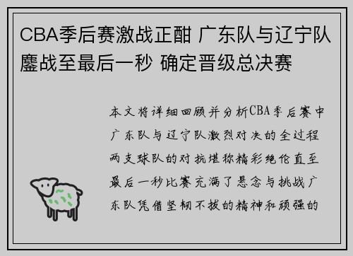 CBA季后赛激战正酣 广东队与辽宁队鏖战至最后一秒 确定晋级总决赛